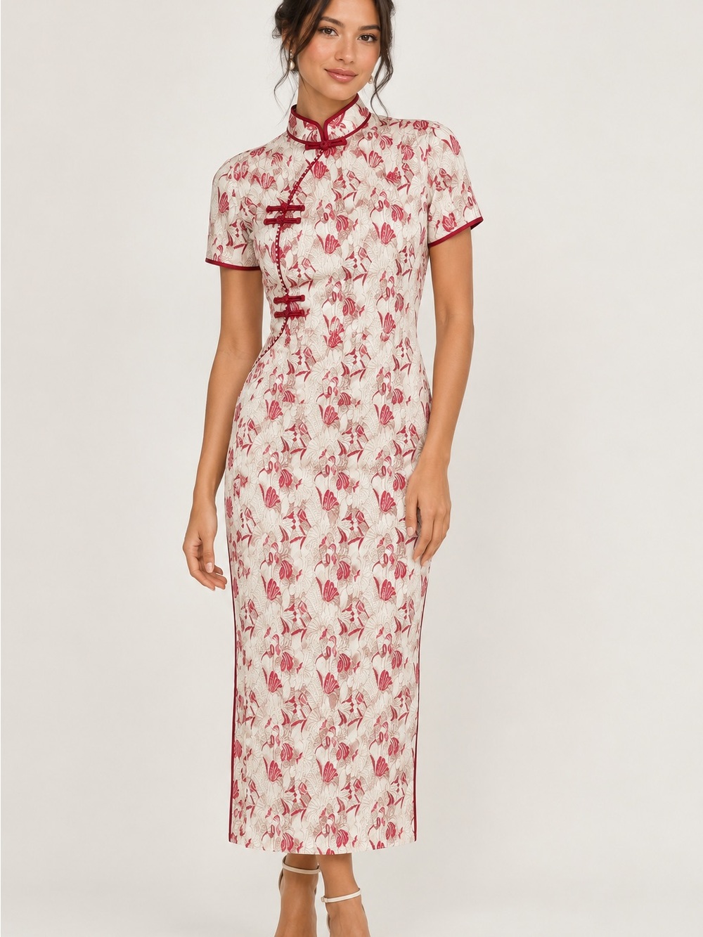 Ivory and Red Floral Cheongsam Midi Dress